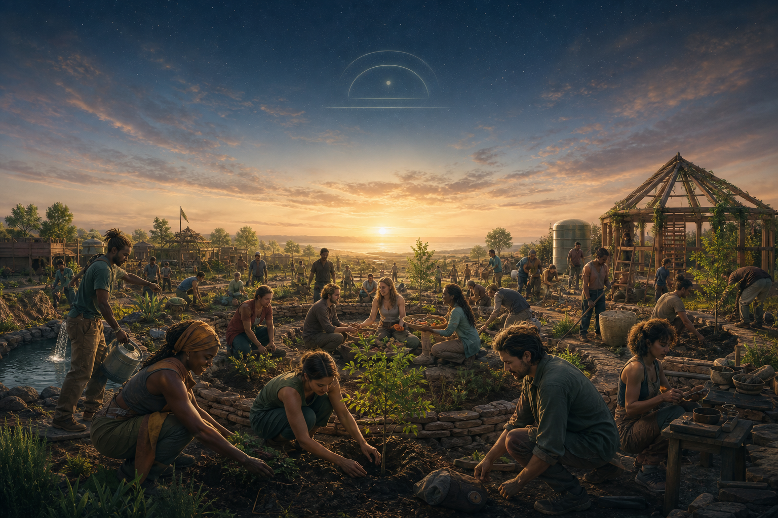 People planting and repairing together in a communal garden at sunrise